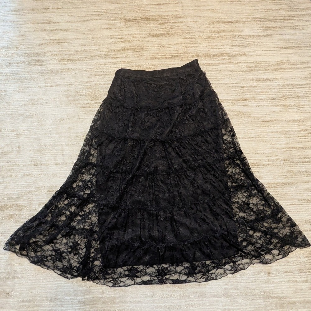 Lace Maxi Skirt Womens Sz 16W Black Tiered Floral Goth Whimsigoth Layered Witchy